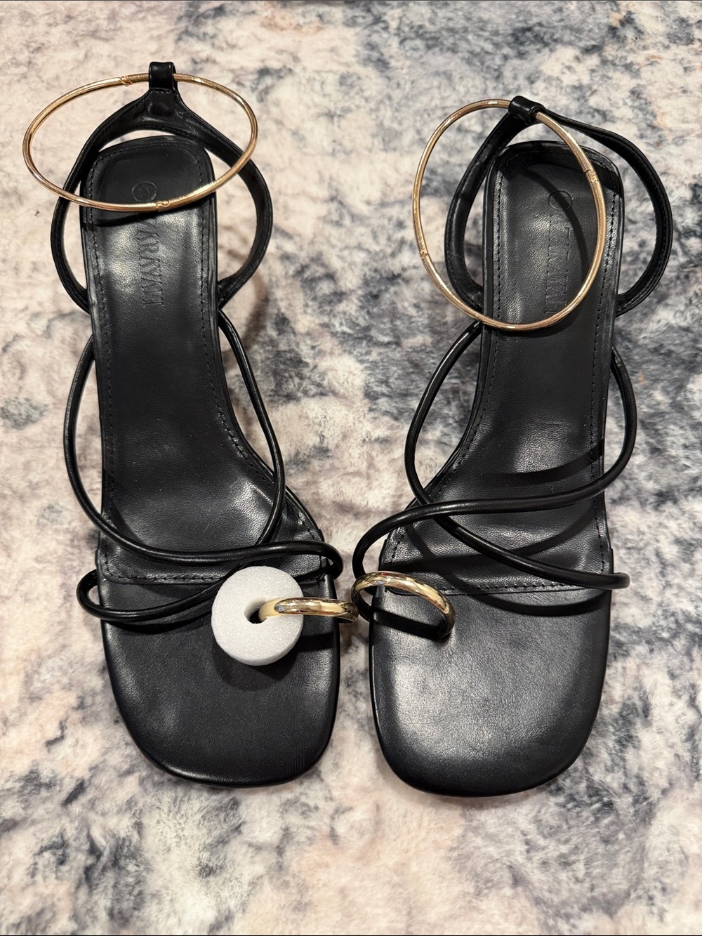 Black Strappy Women's Heeled Sandals with Gold Accent